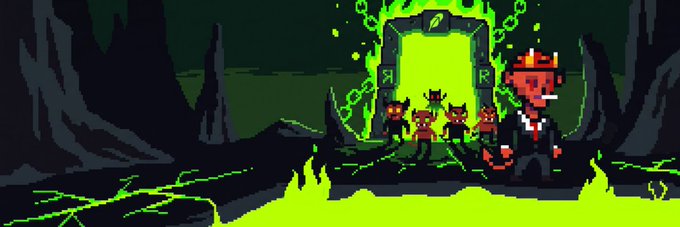 Pixel art scene showing a red devil character in a suit standing with a group of smaller demon figures in front of a glowing green portal in a dark cave setting.
