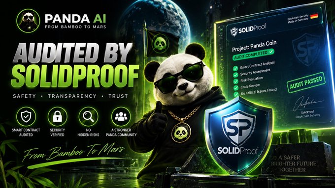 A vibrant promotional graphic for "PANDA AI" featuring a panda mascot wearing sunglasses and a gold chain, with the tagline "AUDITED BY SOLIDPROOF" prominently displayed alongside key text including "SAFETY · TRANSPARENCY · TRUST," "AUDIT COMPLETED," "AUDIT PASSED," and "From Bamboo To Mars," visually reinforcing the post's announcement that Panda AI has successfully passed a SolidProof security audit with no issues found, no sell tax, no malicious code, and no blacklist concerns.