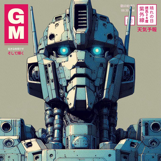 A detailed mecha robot illustration with glowing blue eyes, rendered in a stylized anime art style. Visible text includes "GM" in the top-left corner with Japanese characters "起きる時間です そして輝く" (translating roughly to "Time to wake up, and shine"), along with Japanese weather information in the top-right showing "晴れの日" (sunny day) and "紫外線3度" (UV index 3). The image's stoic, powerful mecha pose visually reinforces the post's reference to "ETH mfers," evoking the crypto community's rugged, unshakable spirit.
