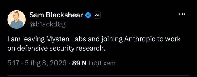 A tweet by Sam Blackshear (@blackd0g) with a verified checkmark and Mythos symbol, dated August 6, 2026, stating 'I am leaving Mysten Labs and joining Anthropic to work on defensive security research.'