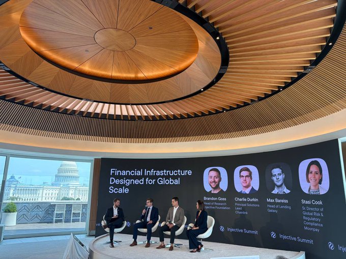 A panel discussion at the Injective Summit titled 'Financial Infrastructure Designed for Global Scale' featuring Brandon Goss (Injective Foundation), Charlie Durkin (Lead Chartered), Max Bareiss (Head of Lending Galaxy), and Stasi Cook (Sr. Director of Global Risk & Regulatory Compliance, Moonpay), held in a venue with a spiral wooden ceiling and Capitol building visible through the window.
