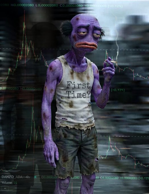 A purple 3D-rendered cartoon character wearing a dirty tank top reading 'First Time?' and ripped shorts, smoking a cigarette against a background of crypto trading charts.