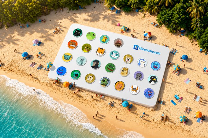 A giant tablet displaying colorful meme coin avatars sits on a crowded beach, with "Biconomy.com" branded on its surface. The scene visually merges the laid-back beach setting with active meme coin trading, illustrating the post's message that behind the casual facade lies active market rotation and sentiment-driven breakouts.