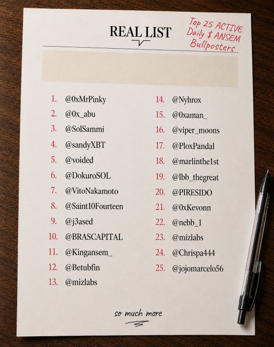 A "REAL LIST" document displayed on a wooden surface, featuring the "Top 25 ACTIVE Daily $ANSEM Bullposters" with Twitter handles numbered 1-25, including accounts like @0xMrPinky, @0x_abu, and @sandyXBT at the top, concluding with "so much more" at the bottom—appearing to be the result of an AI-generated list of active $ANSEM supporters.