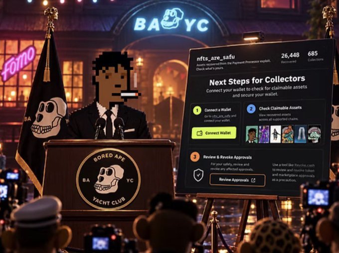 A pixel-art style illustration depicts a Bored Ape Yacht Club (BAYC) event at night, with a suited speaker at a podium and a digital display showing 'nfts_are_safu' with 'Next Steps for Collectors' instructions.