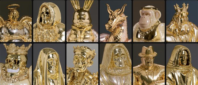 A grid of 12 opulent, gold-plated NFT portraits featuring various figures—angel, skull, rabbit, dragon, monkey, king, cowboy—dripping in reflective gold and adorned with crowns and chains, reflecting the luxurious "StudioBellini" mint referenced in the caption.