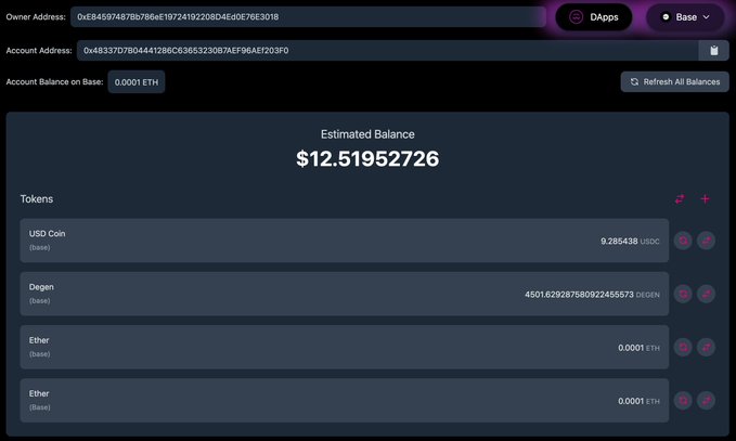 A cryptocurrency wallet dashboard showing an estimated balance of $12.51952726, holding USD Coin, Degen, and Ether on the Base network.