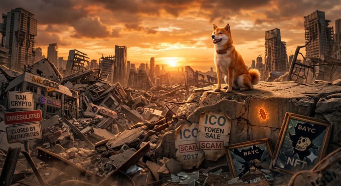 A Shiba Inu dog, symbol of Dogecoin ($DOGE), sits triumphantly atop a pile of rubble from crypto disasters, with debris labeled "ICO," "SCAM," "BAYC NFT," "UNREGULATED," and "CLOSED BY AUTHORITIES," embodying the post's message that $DOGE has outlived every major crypto crash—from Mt. Gox to FTX—to stand as a survivor of the financial wasteland.