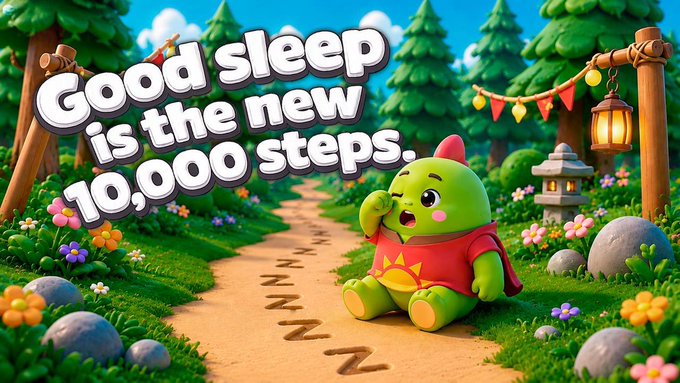 A cartoon-style image features a green dinosaur-like character yawning on a forest path with the text "Good sleep is the new 10,000 steps."