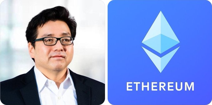 A side-by-side image showing a man with glasses in a black suit on the left, and the blue Ethereum logo with 'ETHEREUM' text on the right.