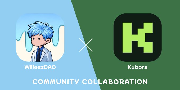 A promotional graphic announcing a community collaboration between 'WilleezDAO' (featuring an anime character with blue hair and a lab coat) and 'Kubora' (featuring a green 'H' logo on a black background), displayed on split blue and dark green backgrounds.