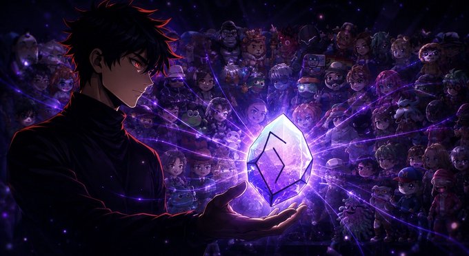 An anime-style illustration of a dark-haired young man holding a glowing purple cube, surrounded by a vast crowd of small chibi character figures.