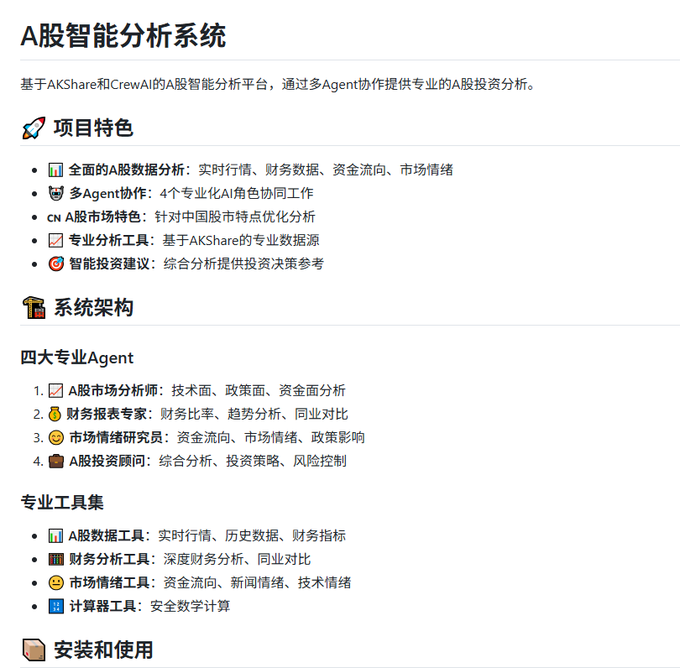 A webpage in Chinese titled 'A股智能分析系统' (A-share Intelligent Analysis System) details features, system architecture, and installation for a financial analysis platform.
