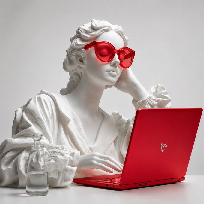 A white marble statue of a woman wearing modern red sunglasses works on a red laptop, accompanied by a glass bottle of water on the table.