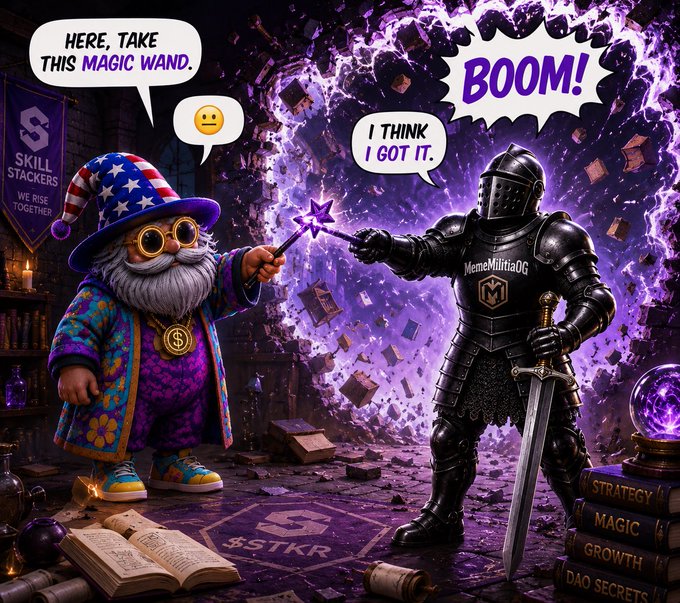 A cartoon illustration depicting a wizard labeled 'SKILL STACKERS' handing a wand to a knight labeled 'MemeMilitiaOG', with speech bubbles reading 'HERE, TAKE THIS MAGIC WAND.', 'I think I got it.', and 'BOOM!'.