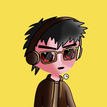 A stylized cartoon illustration of a character with spiky black hair, red sunglasses, headphones, and a brown hoodie stands against a solid yellow background.