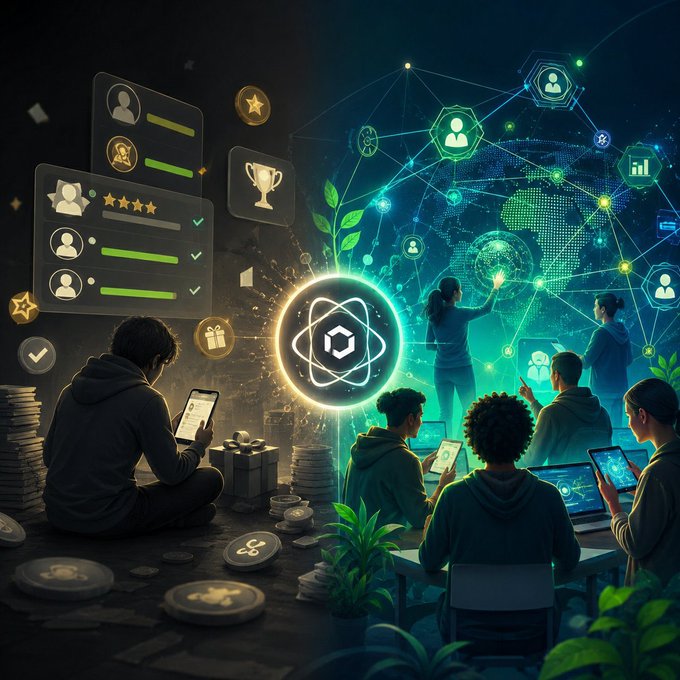 A group of people using tablets and smartphones around a glowing hexagonal logo, with floating user profile cards, star ratings, a trophy icon, stacks of coins, and a digital globe network in the background.