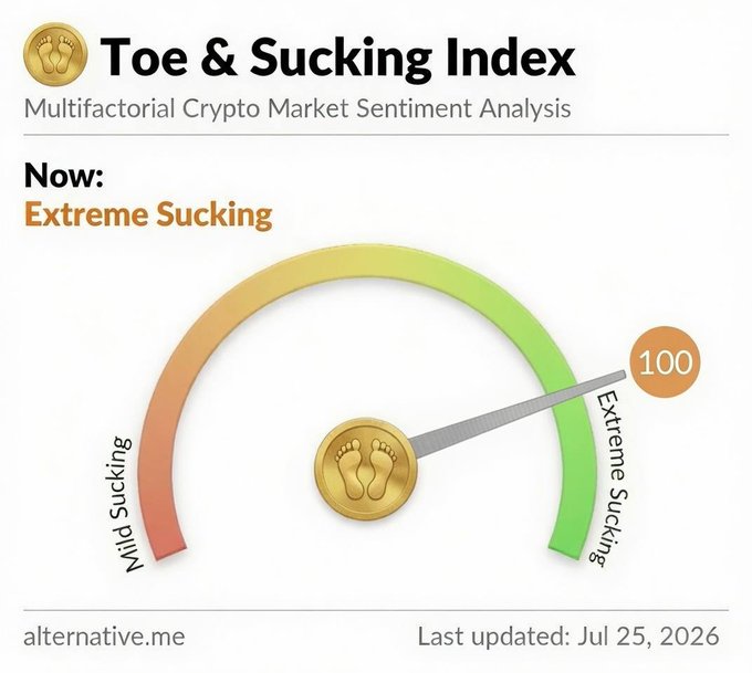 A 'Toe & Sucking Index' gauge labeled 'Multifactorial Crypto Market Sentiment Analysis' shows 'Now: Extreme Sucking' at 100, last updated Jul 25, 2026, from alternative.me.