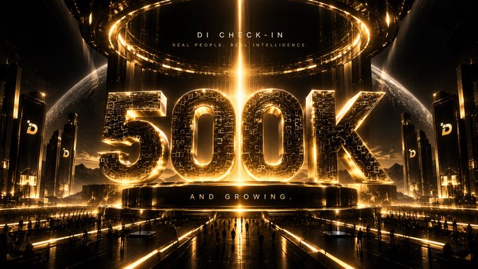 A dramatic golden-themed graphic displaying large '500K' text in the center with 'DI CHECK-IN, REAL PEOPLE. REAL INTELLIGENCE.' above and 'AND GROWING' below, set against a futuristic cityscape background.