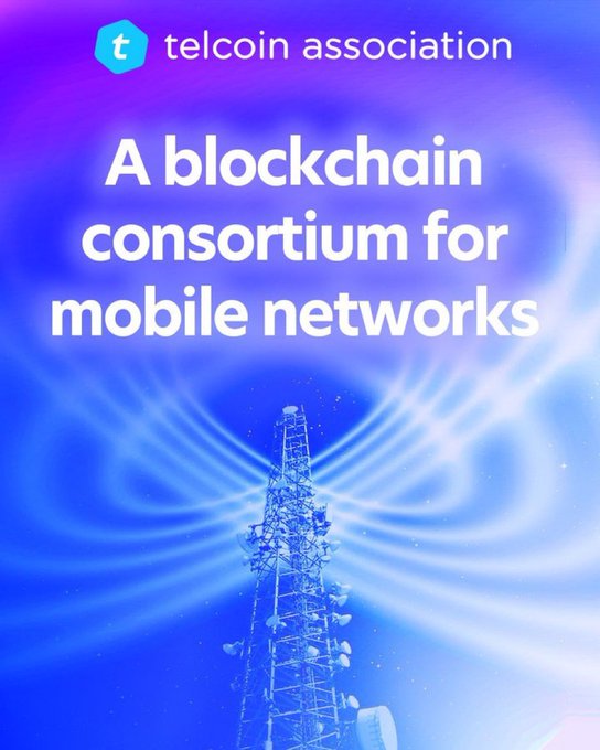 A promotional graphic for the Telcoin Association with the tagline 'A blockchain consortium for mobile networks,' featuring a cell tower against a blue and purple sky background.