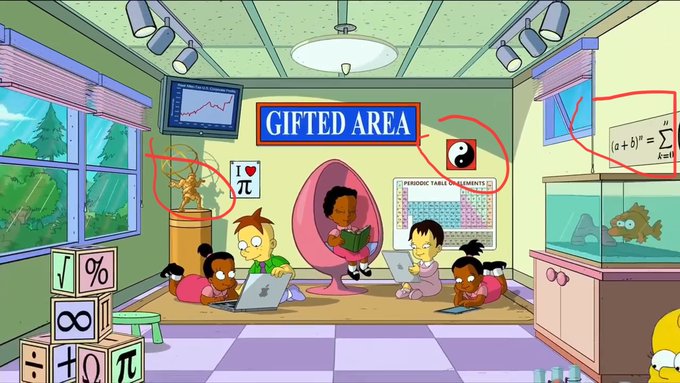 A cartoon "Gifted Area" classroom features children studying on laptops with red circles highlighting a golden "Pi" statue and a yin-yang symbol, alongside visible math formulas like "(a+b)ⁿ = Σ" on the wall. The circled elements tease Pi's character trait or backstory, suggesting a hint about something the cartoon character is about to do involving either his heritage or a hidden duality.