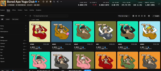 A screenshot of the Bored Ape Yoga Club NFT collection marketplace page, showing multiple ape NFTs with various traits and prices, with a floor price of 0.0030 ETH and total volume of 372.75 ETH.