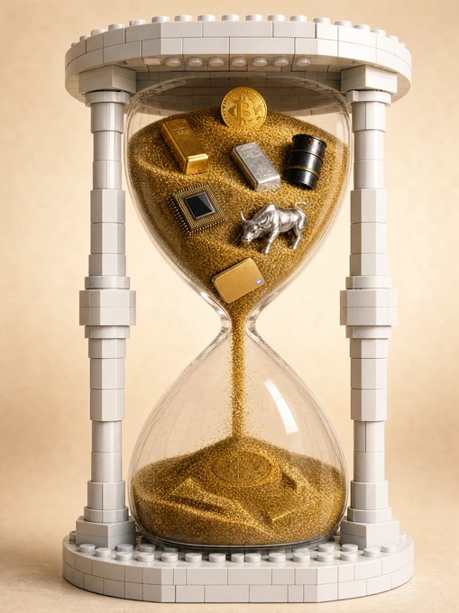 An hourglass constructed from LEGO-like blocks holds a Bitcoin coin, gold bar, microchip, silver bull figurine, and other valuables in golden sand. The hourglass symbolizes the constant flow and passage of time, fitting the post's emphasis on WEEX's continuous "24/7 access" to crypto and traditional markets.