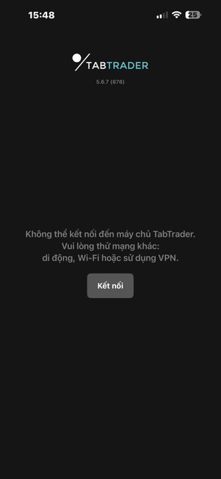 A screenshot of the TabTrader app displaying an error message in Vietnamese: 'Không thể kết nối đến máy chủ TabTrader. Vui lòng thử mạng khác: di động, Wi-Fi hoặc sử dụng VPN.' with a 'Kết nối' button.