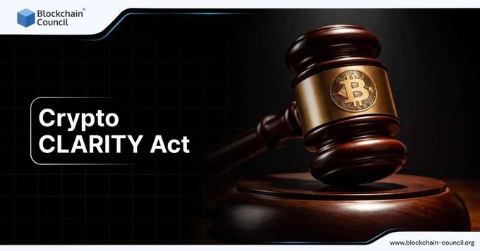 A dark-toned promotional graphic from the Blockchain Council features a wooden judge's gavel with a gold band bearing the Bitcoin logo, alongside bold text reading "Crypto CLARITY Act." The image visually represents the legislative theme of the post, which discusses the stalled progress of the Clarity bill and growing frustration among crypto advocates over its delay in reaching a cloture vote.
