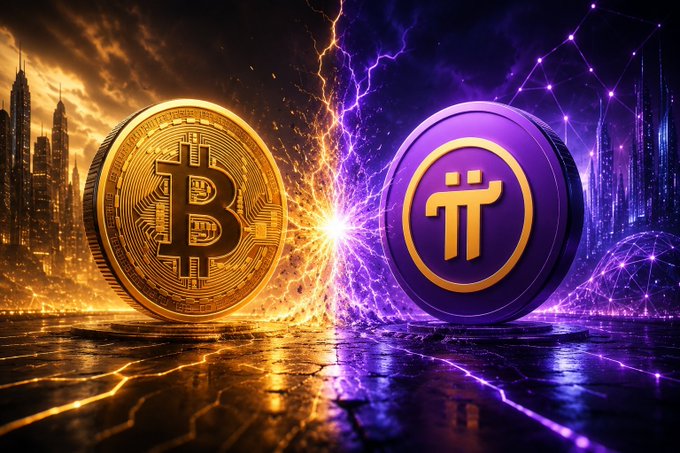 The image shows two large crypto coins clashing in an electrifying showdown: a glowing golden Bitcoin ($BTC) on the left amid fiery orange tones, and a purple Pi Network ($PI) coin on the right surrounded by electric purple energy, perfectly visualizing the post's claim that $BTC's strongest competitor is $PI #PiNetwork.