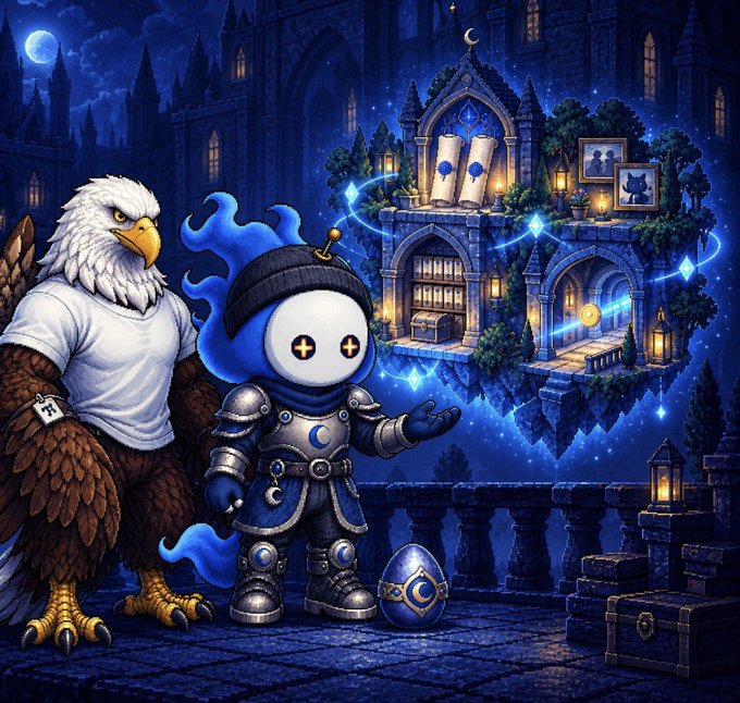 A fantasy-style digital illustration featuring an anthropomorphic eagle character and a small knight in blue armor, set against a nighttime castle backdrop.
