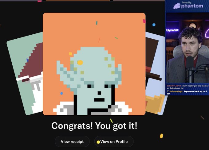 A pixel art completion screen reading 'Congrats! You got it!' with 'View receipt' and 'View on Profile' buttons, featuring a streamer in the top right corner powered by phantom.