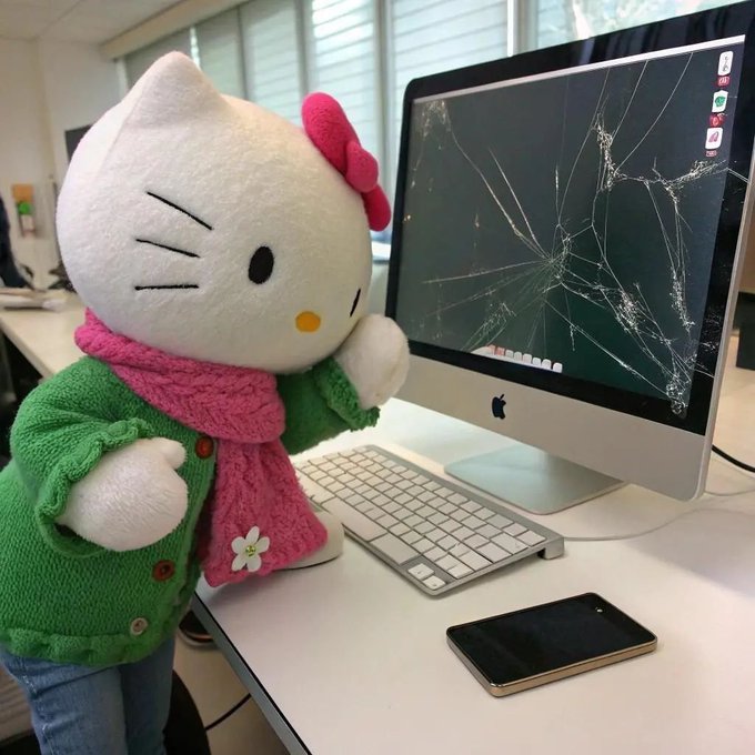 A Hello Kitty plush toy wearing a green sweater and pink scarf stands next to an iMac with a visibly shattered screen on a desk with a keyboard and smartphone.