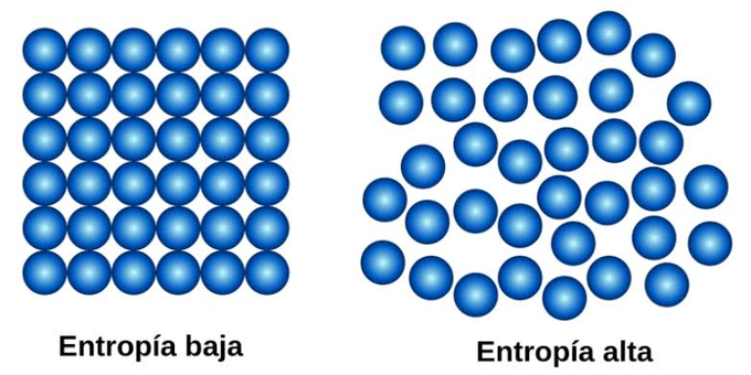 The image illustrates the concept of entropy by contrasting two states: "Entropía baja" (low entropy), shown as an organized, orderly grid of blue spheres, and "Entropía alta" (high entropy), depicted as a scattered, random arrangement. The image relates to the post by visually representing how insufficient cryptographic randomness — like the Coldcard flaw mentioned — corresponds to low entropy (predictable order), making wallet seeds vulnerable, whereas true protection requires the high-entropy randomness needed to secure Bitcoin keys.