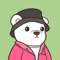 A cartoon white bear wearing a black cap and pink hoodie against a green background.