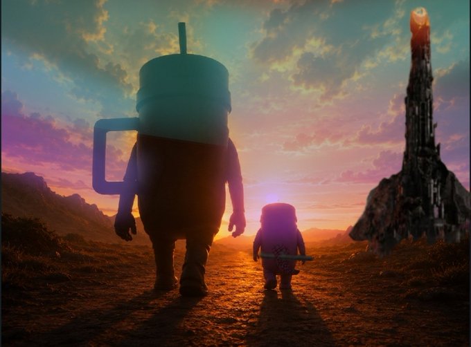 A cinematic scene showing the silhouettes of a large cup-headed character and a smaller figure walking toward a glowing sunset with a tall tower topped by a glowing orb in the distance.
