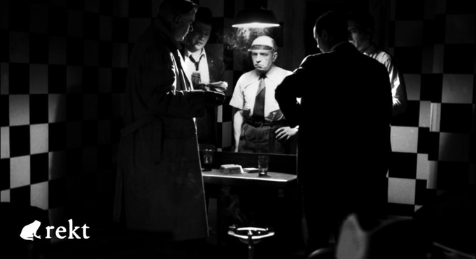 A dimly lit scene shows four men gathered around a small table in a room with checkered walls, with the word "rekt" visible in the bottom left corner. The noir-style imagery evokes a sense of clandestine dealings, fitting the post's theme of an insider threat exposing 678,000 people's data from France's tax authority DGFiP, with a stolen dataset for sale on the dark web.