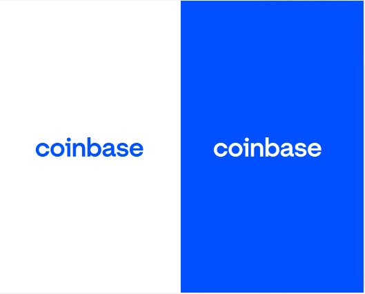 Two side-by-side logo designs for "coinbase" — the left shows the wordmark in blue on a white background, and the right shows the wordmark in white on a solid blue background.