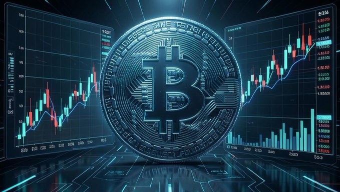 A large metallic Bitcoin coin centered between two screens displaying financial candlestick charts in a futuristic blue-themed digital setting.