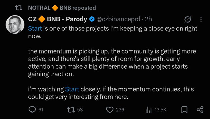 The image shows a reposted tweet from the parody account "CZ 🔶 BNB - Parody" (@czbinanceprd) claiming "$tart is one of those projects I'm keeping a close eye on right now," noting its growing momentum and active community. The tweet has 61 replies, 58 reposts, 236 likes, and 13.5K views, with the original reposted by "NOTRAL 🔶 BNB."

The accompanying post appears to promote $CREPE by drawing a parallel to the $tart project highlighted in the screenshot, implying that $CREPE is also a quietly building project poised for a significant breakout.