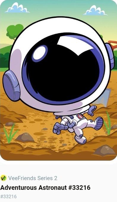 The image showcases a VeeFriends Series 2 NFT titled "Adventurous Astronaut #33216," featuring a cartoon astronaut with a large reflective helmet walking on a dirt terrain. The caption about the completed Megahead burn on the Astro aligns with the image, as the artwork depicts the finalized astronaut character after the burn process.