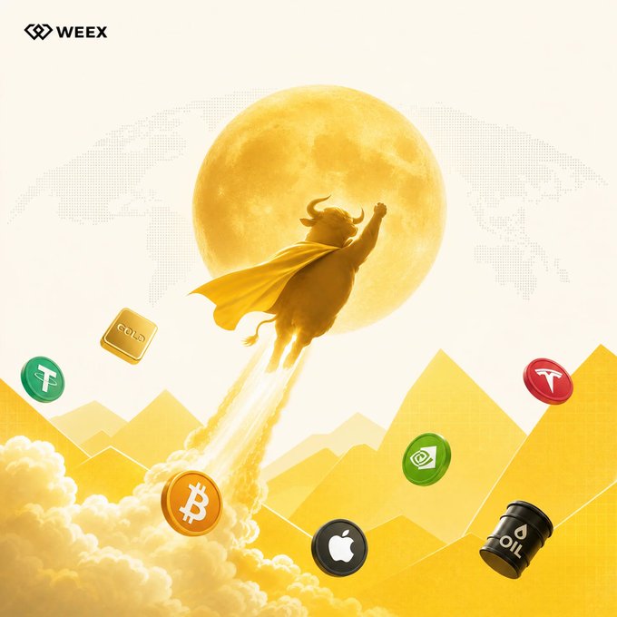 A WEEX-branded illustration features a golden bull soaring rocket-like past a large moon, surrounded by floating tokens representing Bitcoin (B), USDT (T), Gold, Apple (AAPL), and Oil—symbolizing a bullish leap across multiple asset classes. The imagery of the triumphant, ascending bull directly captures the post's "Bullish on a better tomorrow" sentiment, visualizing upward momentum and optimism across crypto, commodities, and stocks.