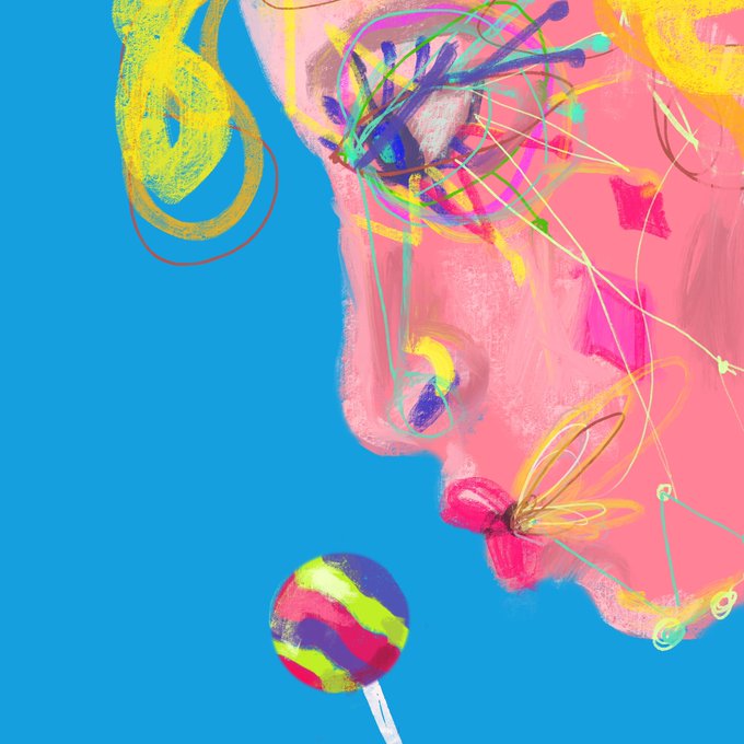 A vibrant, surreal digital illustration features a stylized pink face in profile against a bright blue background, with the figure gazing down at a colorful striped lollipop held in the foreground. The artwork bursts with energetic yellow, green, and purple scribbled lines emanating from the face's hair and eye area, creating a whimsical, dreamlike atmosphere.