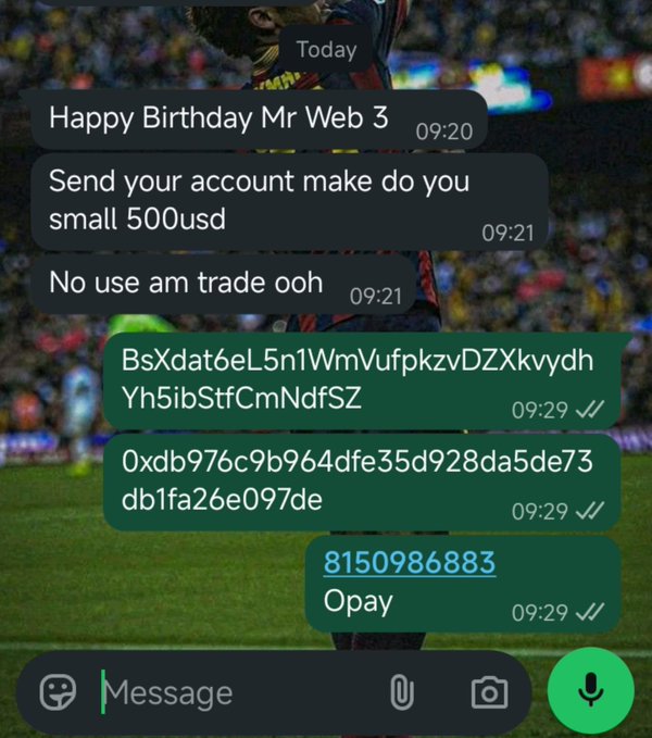 A WhatsApp chat shows a "Mr Web 3" wishing happy birthday before asking the user to send a small $500, prompting the user to share two cryptocurrency wallet addresses (BSC and Tron) and an Opay phone number (8150986883) for receiving payment instead. The caption humorously suggests the recipient plans to use the incoming funds to take four women out in Wuse.