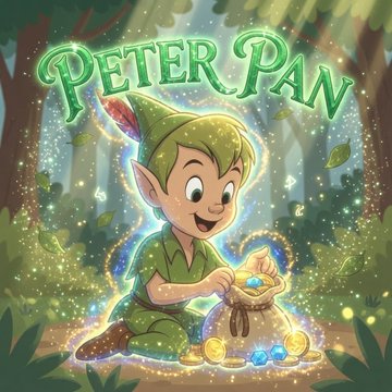 A cartoon illustration of Peter Pan, the Disney character, wearing his iconic green outfit and hat, kneeling in a magical forest while holding a glowing blue gem, with gold coins and magical sparkles around him.