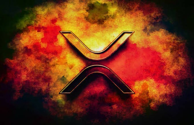 The image prominently features the XRP logo against a fiery, abstract background, visually representing the potential future of finance as highlighted in the accompanying post.