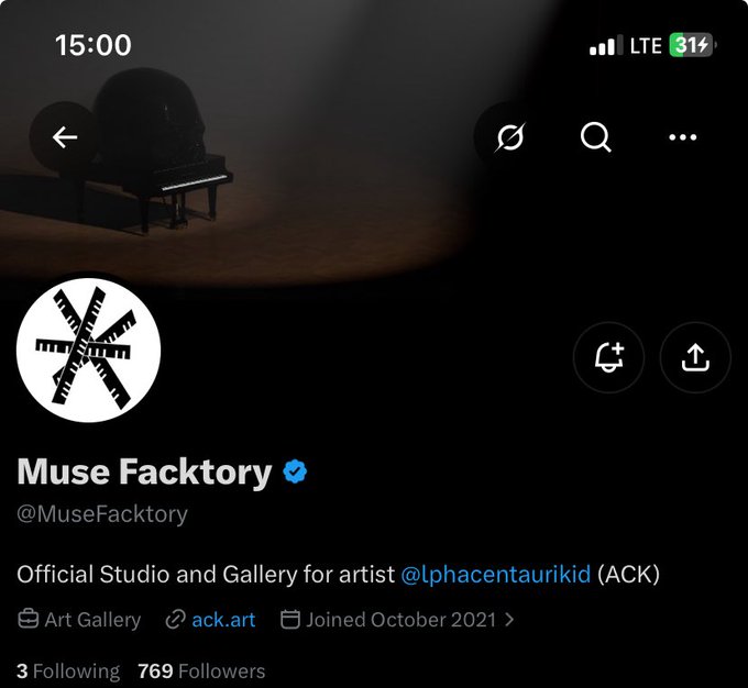 Twitter/X profile page for 'Muse Facktory' (@MuseFacktory), described as 'Official Studio and Gallery for artist @lphacentaurikid (ACK)', with 3 Following and 769 Followers, joined October 2021.