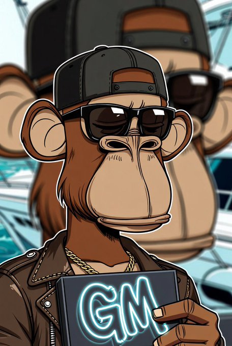 The image features a cartoon monkey wearing sunglasses, a leather jacket, and holding a book with the word "gm" written on it. The background of the image shows a car and a boat, suggesting that the scene takes place near or on water. The post includes text such as "gm another day another chance to find the next gem before everyone else @sleepagotchi x @useTria x @quipnetwork x @3look_io".