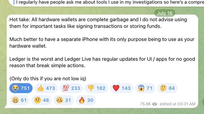 A screenshot of a July 16 social media post criticizing hardware wallets, with 751 shocked emojis, 473 thumbs-up, 233 "100" emojis, and 75.8K views. The post aligns with Zach's commentary that he's "right again," as it reinforces skepticism toward hardware wallets by recommending a dedicated iPhone instead and calling Ledger "the worst."