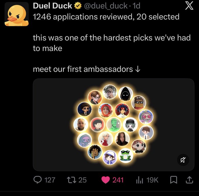 A tweet from Duel Duck (@duel_duck) reads '1246 applications reviewed, 20 selected' and 'this was one of the hardest picks we've had to make, meet our first ambassadors', featuring an image of 20 profile pictures arranged in a circle.